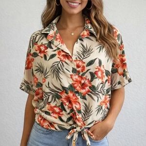 Easel Tropical Floral Tie-Front Blouse